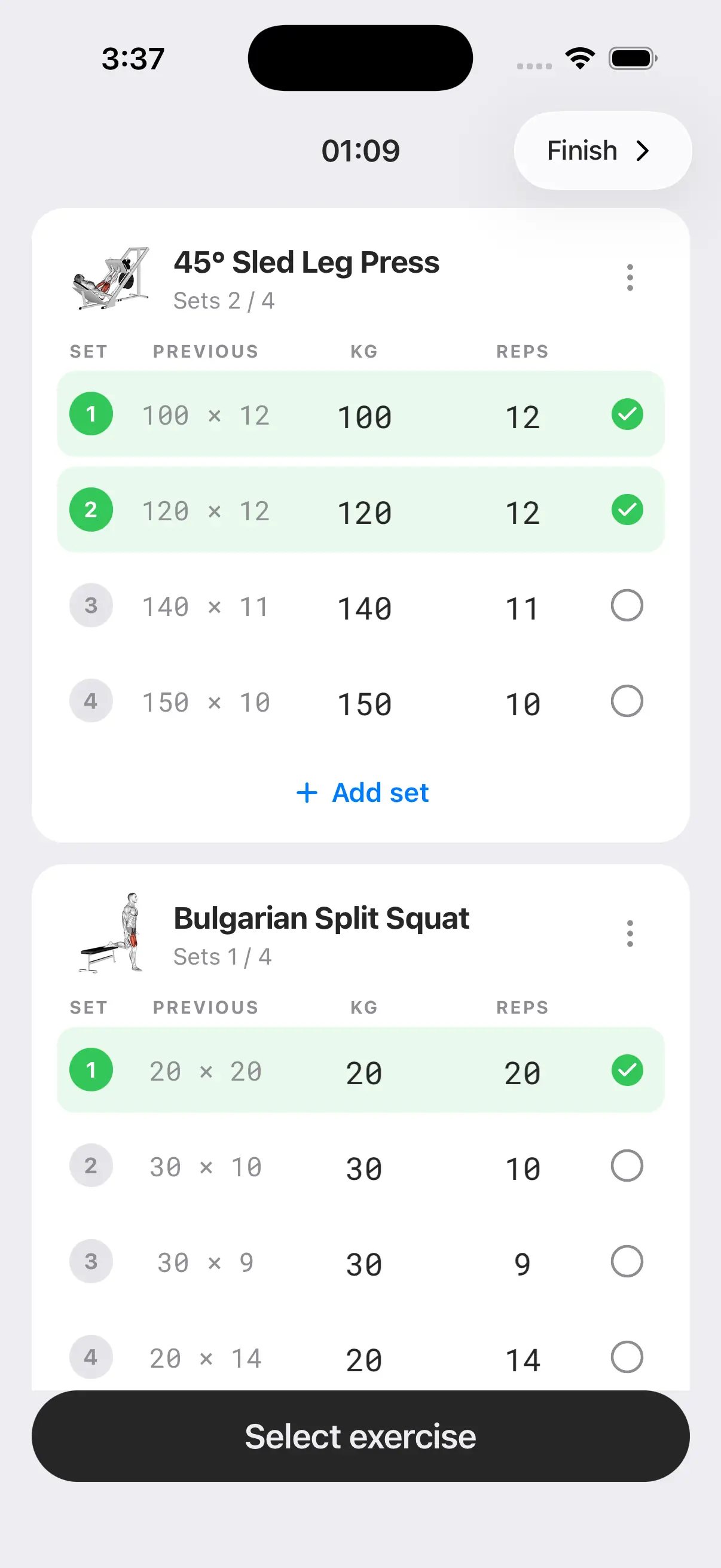 Gymtrack — Workout in progress